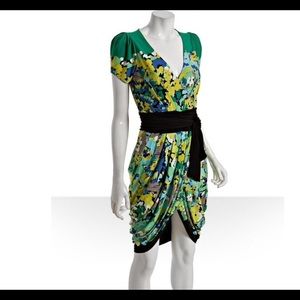 Vintage new BCBGMaxAzria floral v-neck puff sleeve tulip hem faux wrap minidress